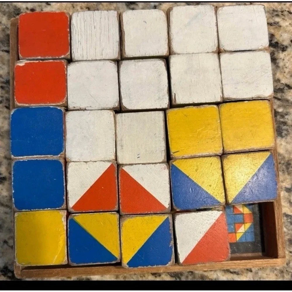 Vintage Mosaic Cube IQ Test  Blocks Wooden Frame Korea